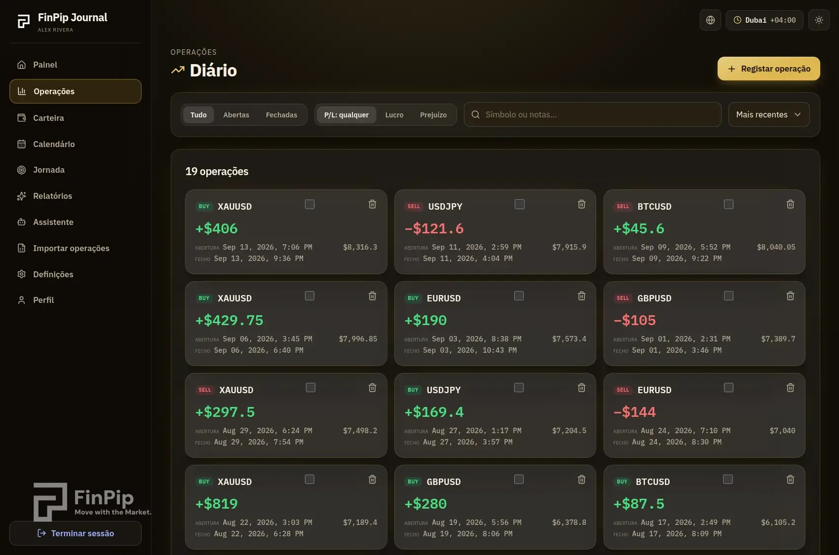 Página de operações do FinPip Journal com cartões coloridos e filtros