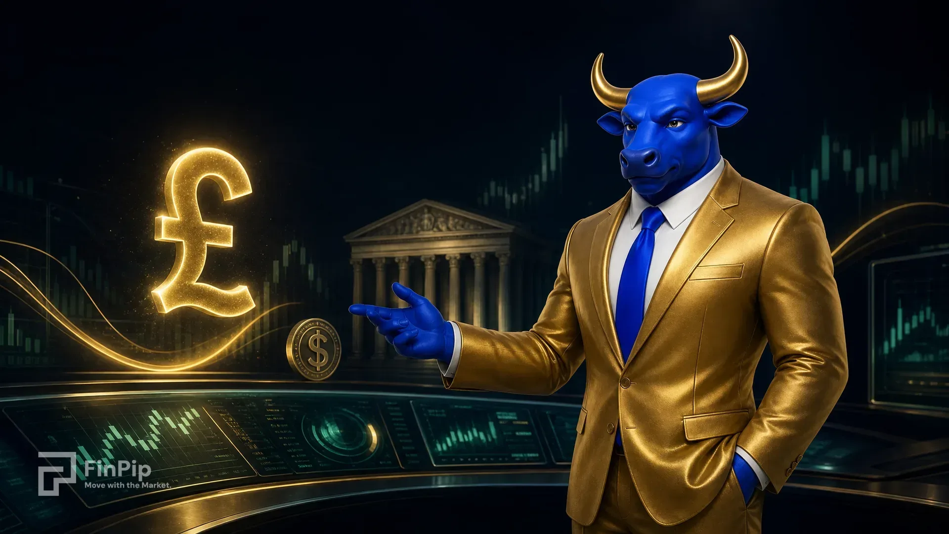 FinPip's blue bull mascot in a gold suit at a glowing FX trading terminal at night, a glowing gold British pound sterling symbol with a faint central-bank pillar silhouette and a dollar coin, in deep navy and emerald tones, illustrating what drives GBP/USD