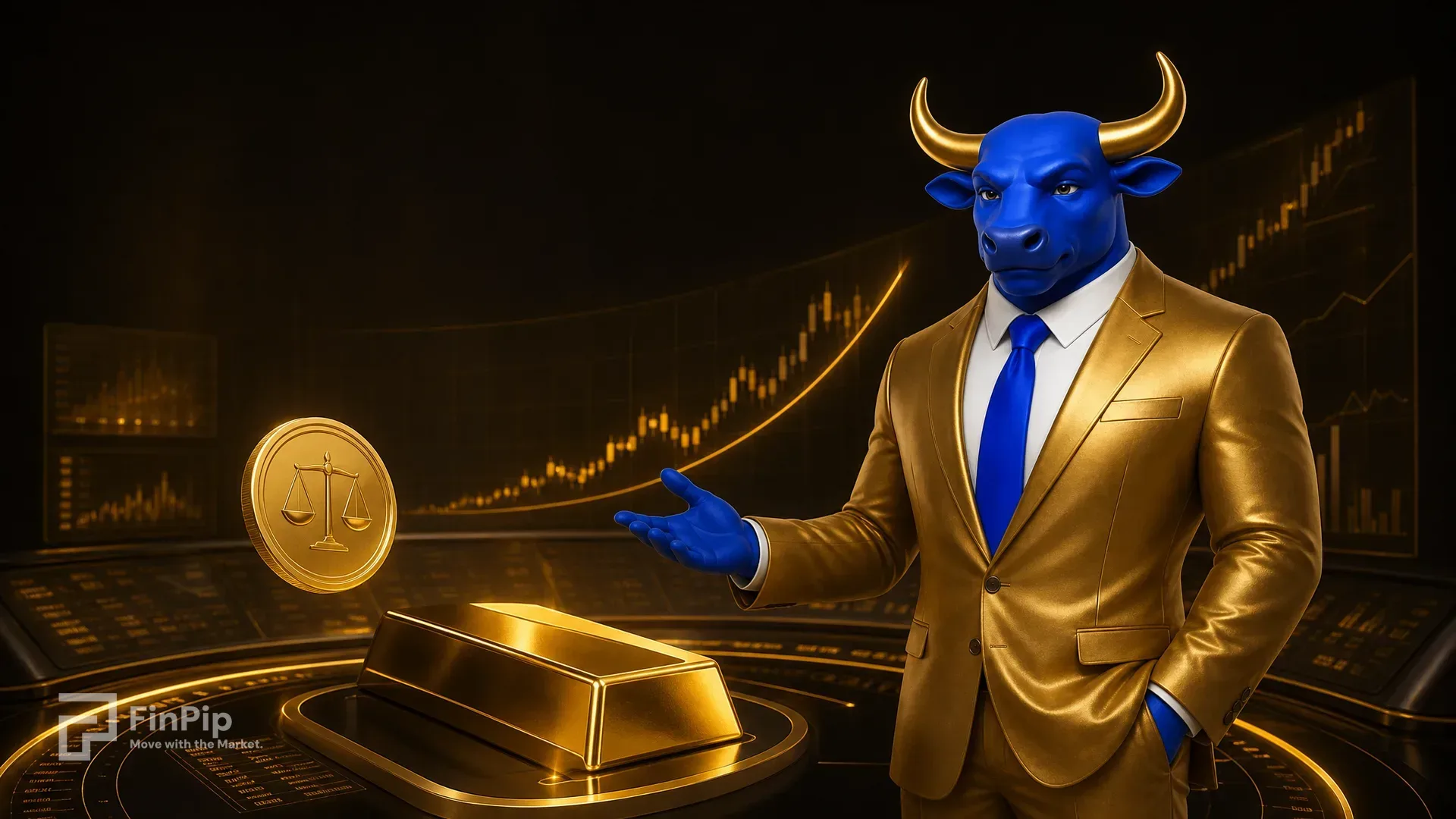 FinPip's blue bull mascot in a gold suit at a glowing precious-metals trading terminal at night, a polished stack of gold bars and a gold coin with a subtle balance-scale motif, in warm champagne-gold and amber tones, illustrating the gold outlook