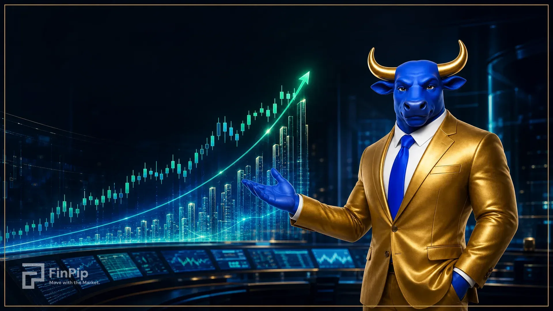 FinPip's blue bull mascot in a gold suit at a glowing equity-index trading terminal at night, a rising blue-and-green index growth arc like a skyline of bar towers with an up-arrow and stepped candlesticks, in cool sapphire and teal tones, illustrating what moves the S&P 500 and Nasdaq