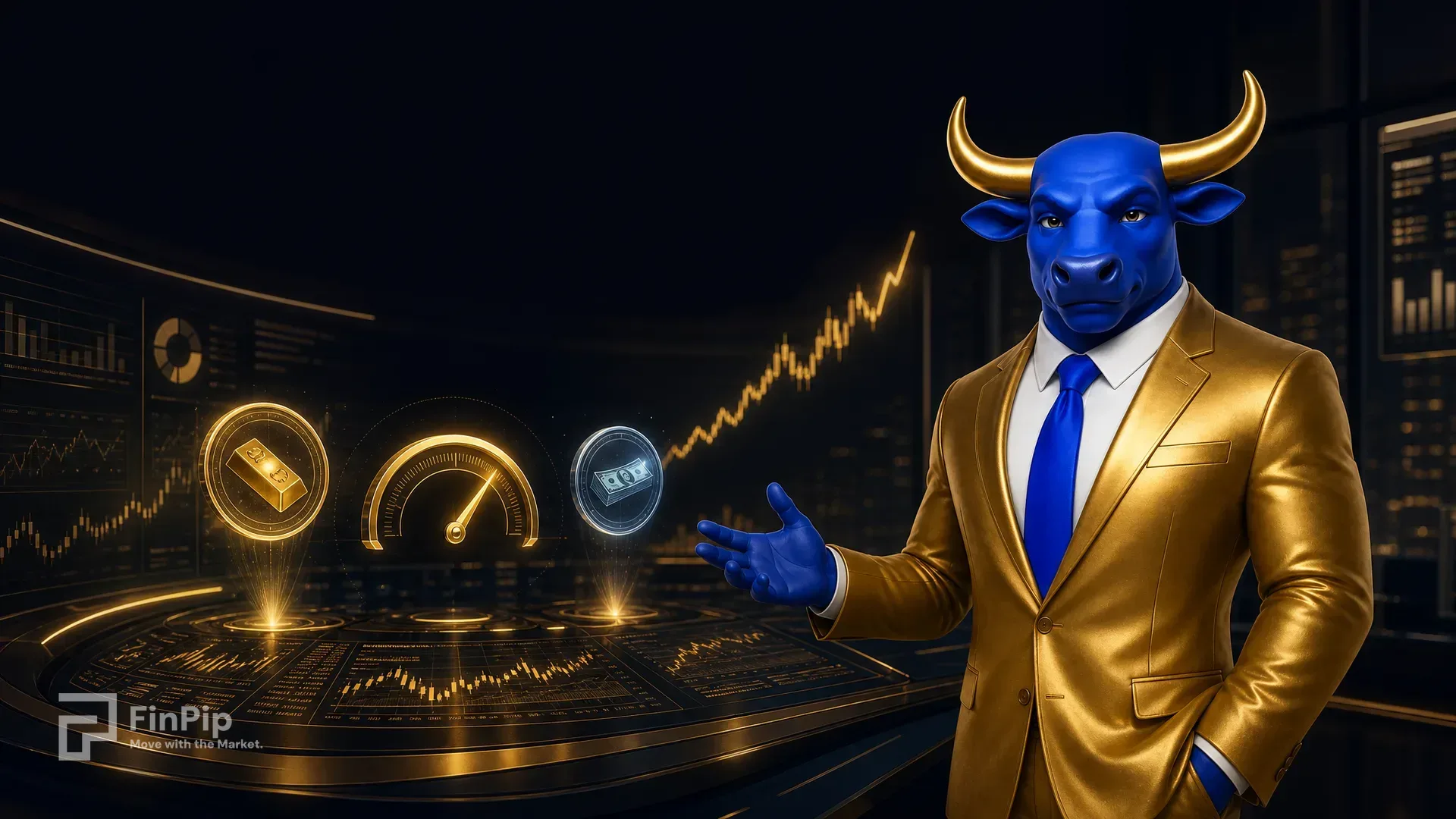 FinPip's blue bull mascot in a gold suit studying a glowing trading terminal at night, an inflation gauge between a gold coin and a dollar token, in deep navy with champagne-gold light, illustrating the market reaction to the US June CPI report