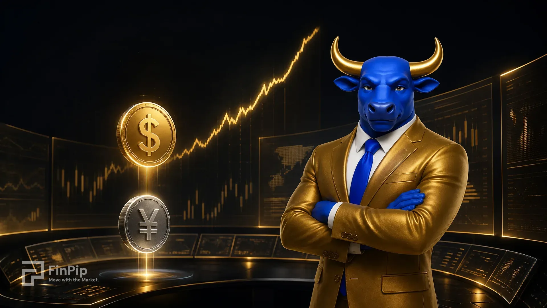 FinPip's blue bull mascot in a gold suit at a glowing FX trading terminal at night, a strong dollar coin sitting above a lower yen coin with a gap of light between them, in deep navy with champagne-gold accents, illustrating USD/JPY near multi-decade highs and intervention risk