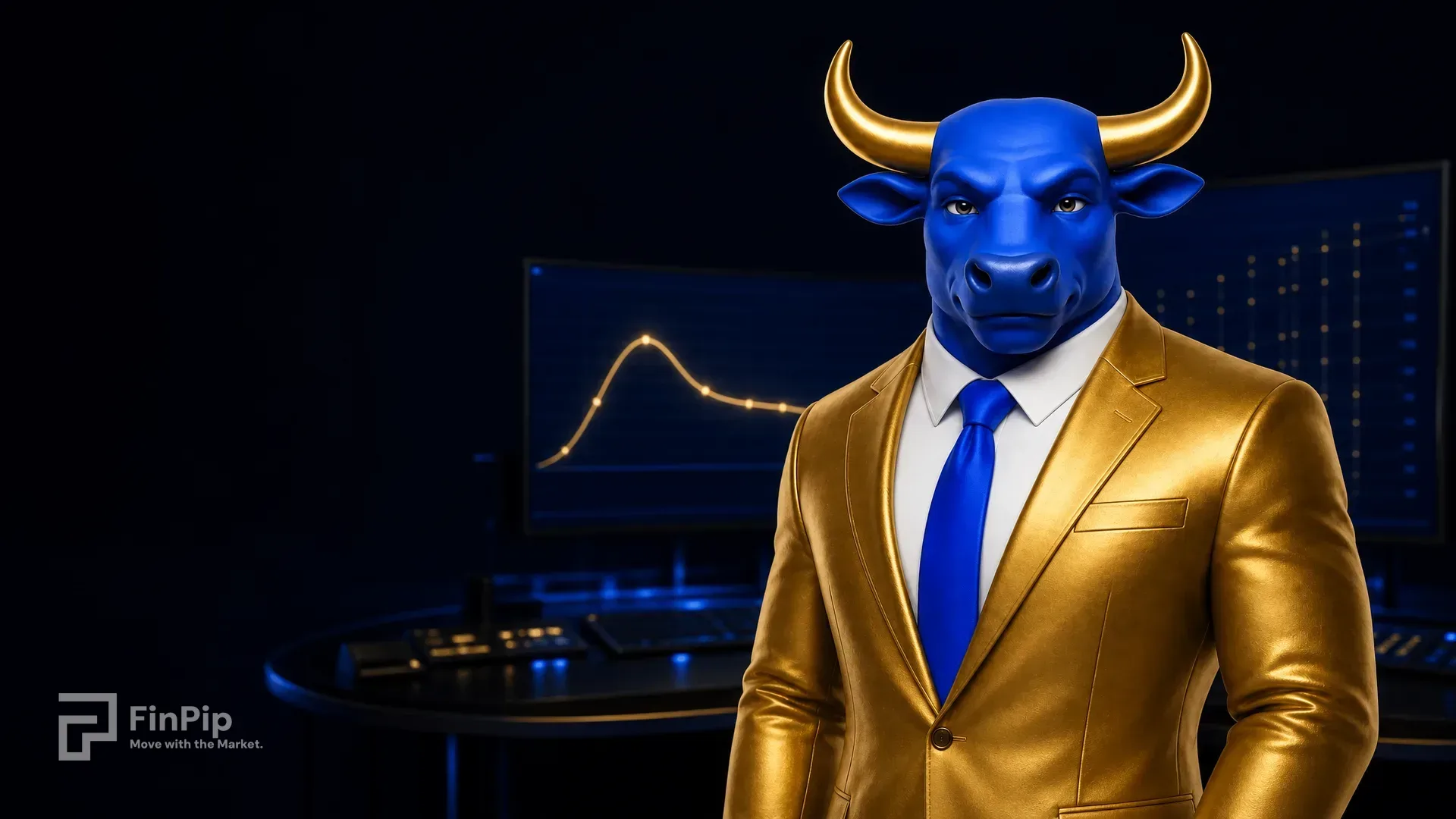 FinPip's blue bull mascot in a gold suit at a dark night trading desk, a curved monitor glowing with a single arcing-then-flattening bond-yield curve, illustrating the yield curve as a trader's compass